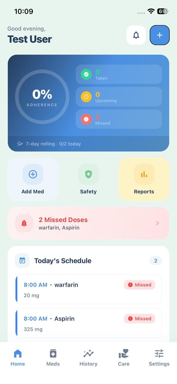 SafeMix medications tab showing your list and add-medication flow