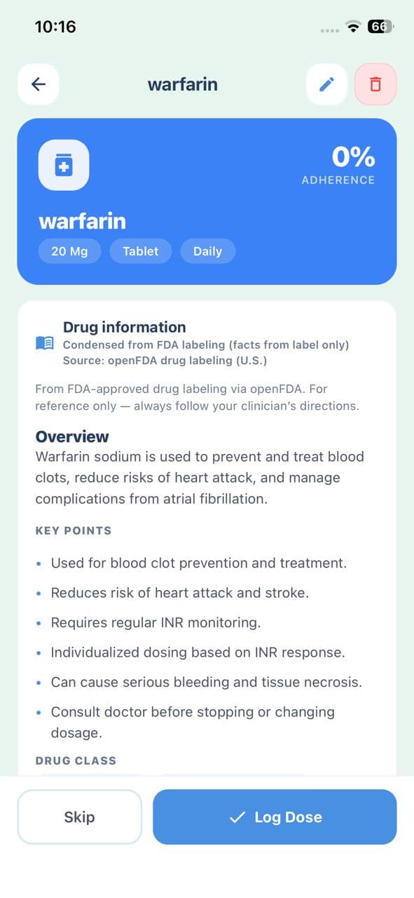 SafeMix dose history and adherence overview in the mobile app