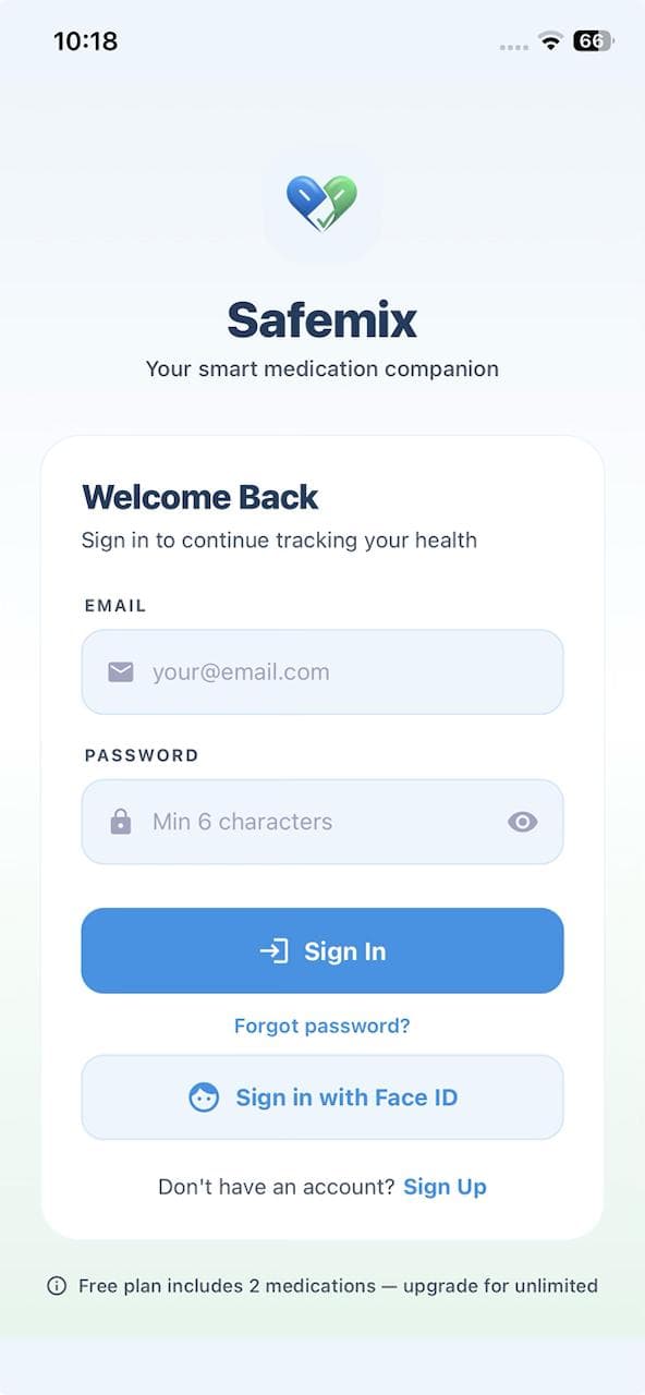 SafeMix mobile app onboarding welcome screen with sign-in and account options